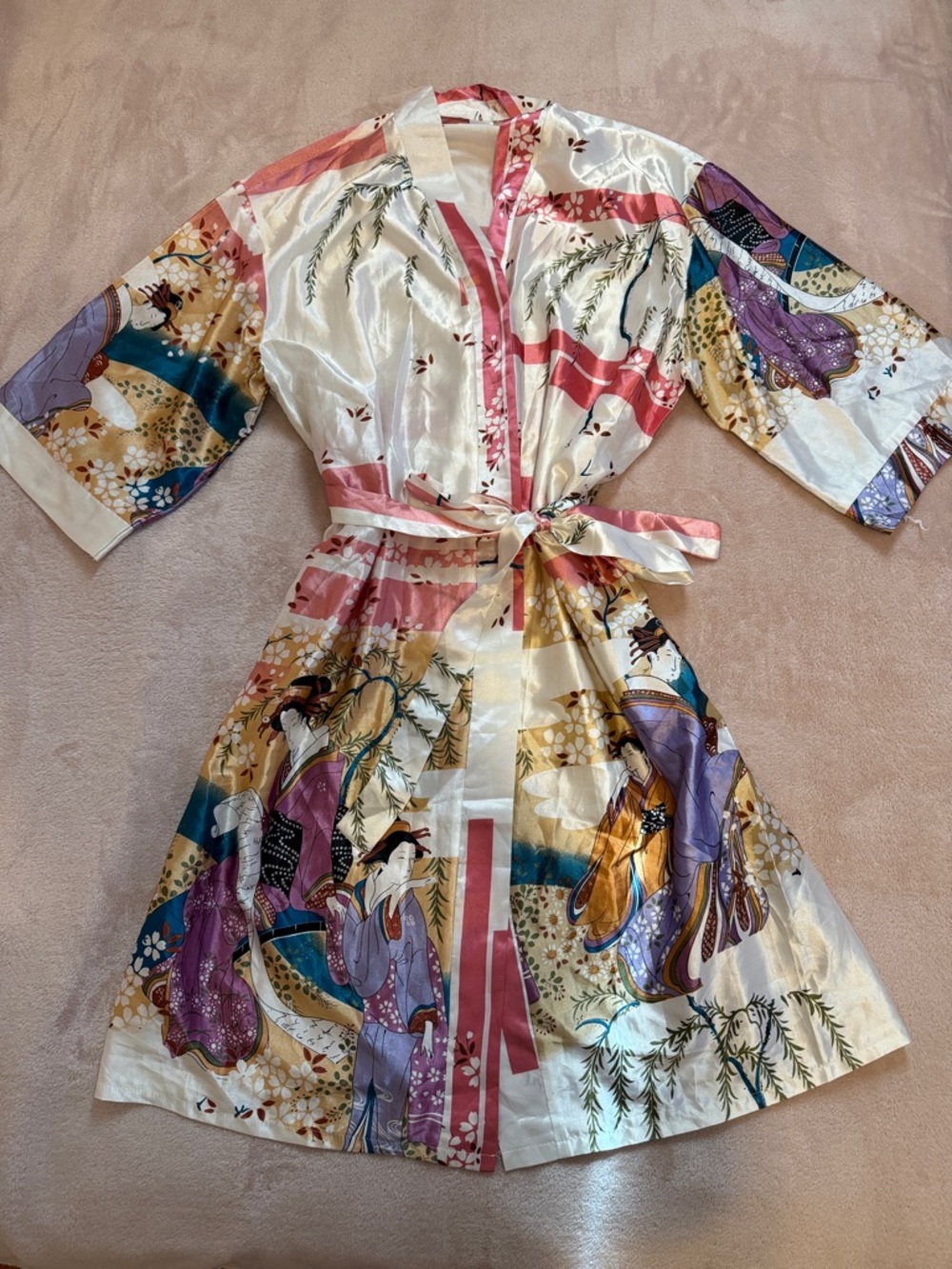 Silk-Feel Floral Geisha Print Kimono Robe - Ivory Multi